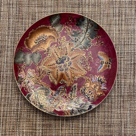 Burgundy Gold Green Floral Decorative Oriental Plate Gold Rim Raised Gold Accent - Picture 1 of 8